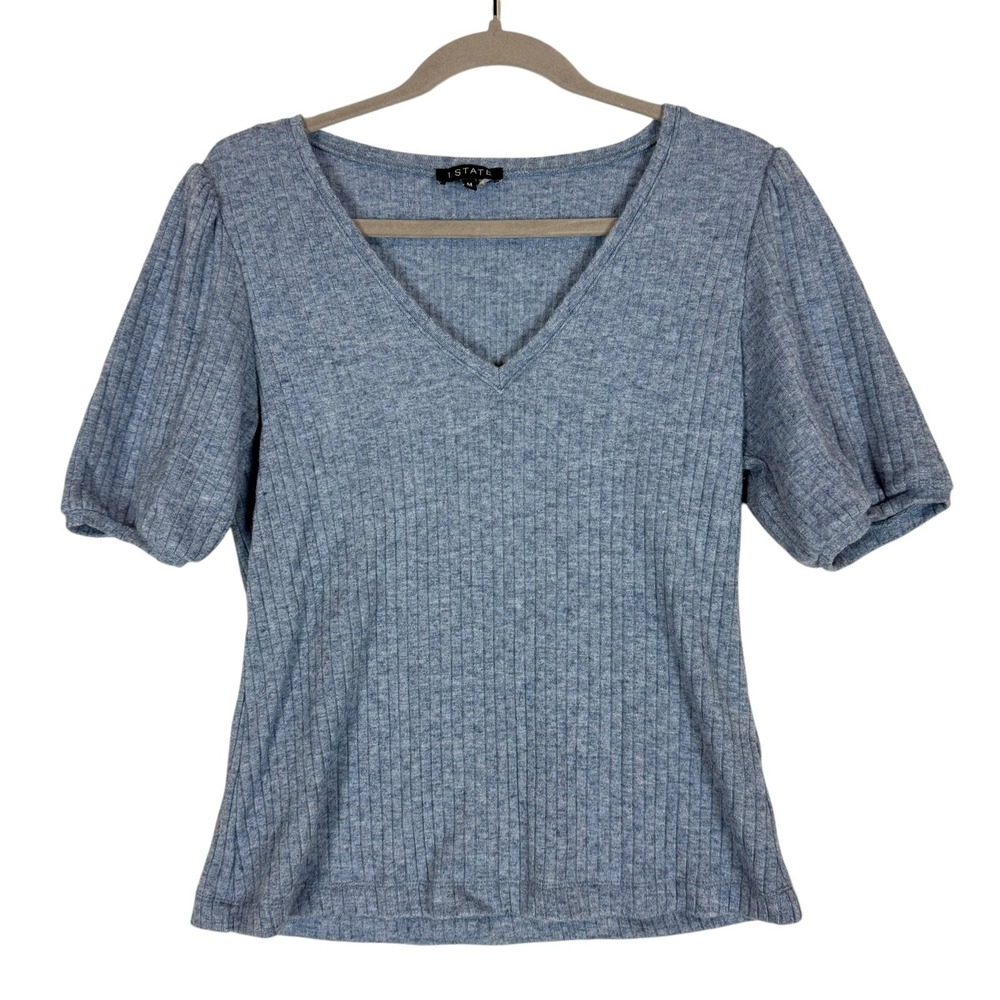 1.STATE Shirt Womens Medium Blue V Neck Puff Sleeve Ribbed Knit Casual Top